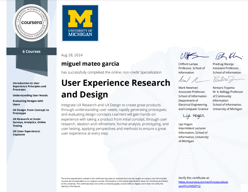 User Experience Research and Design certificate